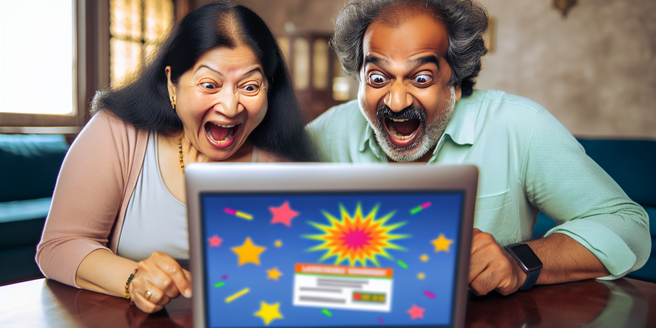 A couple excitedly celebrating while looking at a sweepstakes winning notification on their laptop