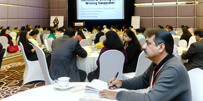 A person attending a conference related to winning strategies in sweepstakes