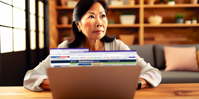 A woman sitting in a cozy home office, obviously committed to a routine schedule of checking and participating in various sweepstakes