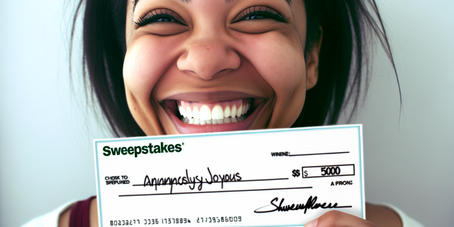 A large sweepstakes check displayed prominently with a person smiling brightly