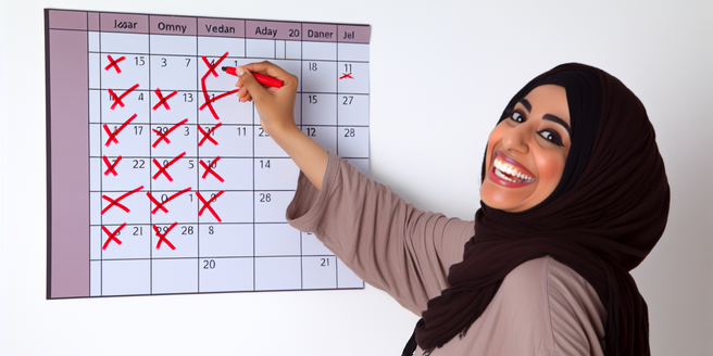 A person enthusiastically crossing off dates on a wall calendar, signifying regular participation