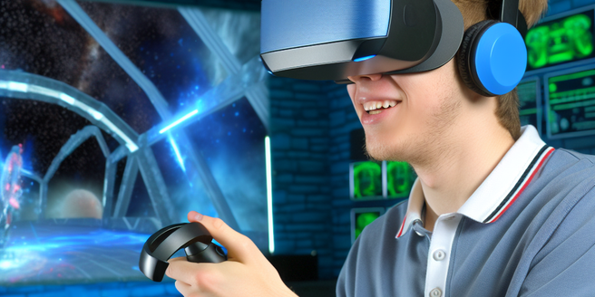 A player interacting with a completely simulated gaming environment using VR technologies