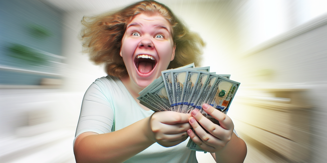 A visibly excited person with a fistful of cash that theyve won from a sweepstakes