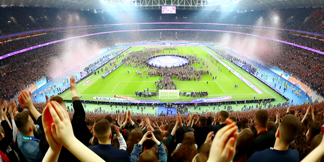 A wide shot of a sports stadium filled with cheering crowds after a major event winnings