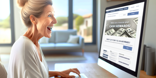 A woman gleefully looking at a website showing cash rewards on her computer