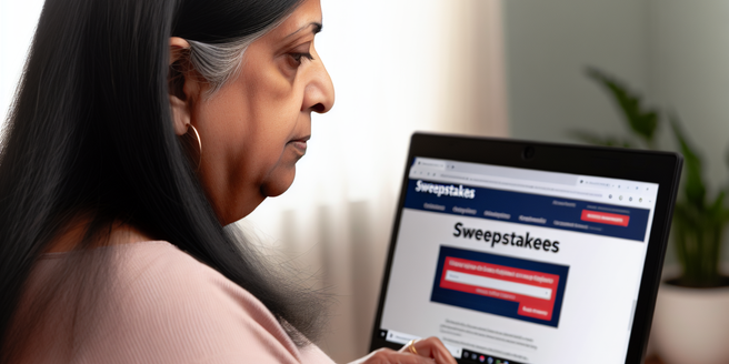 A woman looking at her laptop with Sweepstakes Opportunities website open