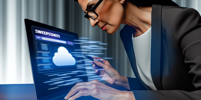 An executive reviewing sweepstakes details on cloudbased software on a sleek laptop