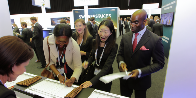 An image of people signing up for a sweepstakes contest at a corporate event