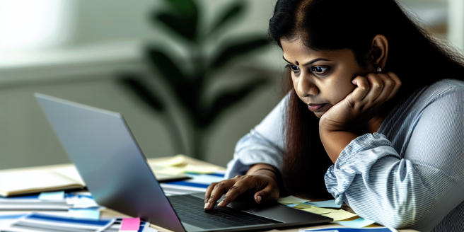 An individual seriously researching on a computer to verify the legitimacy of a sweepstakes website