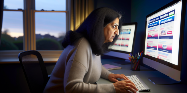 An individual sitting at their computer, scrutinizing several tabs open on sweepstakes websites