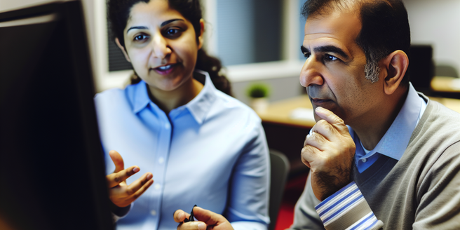 Two people using a computer and discussing ways to find profitable sweepstakes