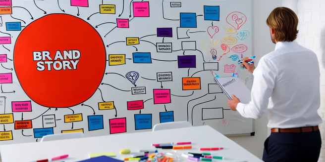 A brand strategist studying a large, colorful mind map on a whiteboard that represents a brand's story