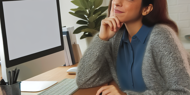 A content writer looking thoughtful while working on a promotional draft on her desktop screen