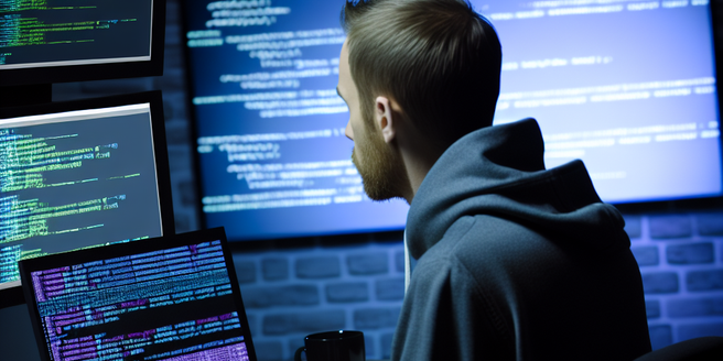 A cybersecurity professional working on multiple screens with codes running in the background