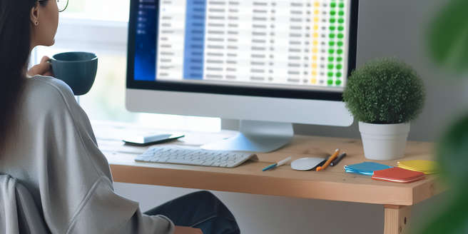 A freelancer sitting at a home office, with task trackers visible on their computer screen