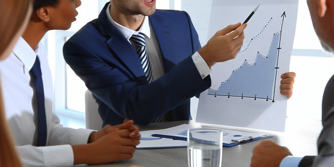 A leader in a meeting explaining plans to his team, representing growth