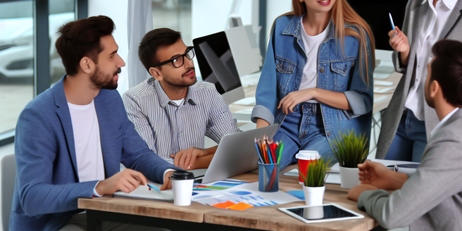 A marketing team discussing strategies in a modern office setting