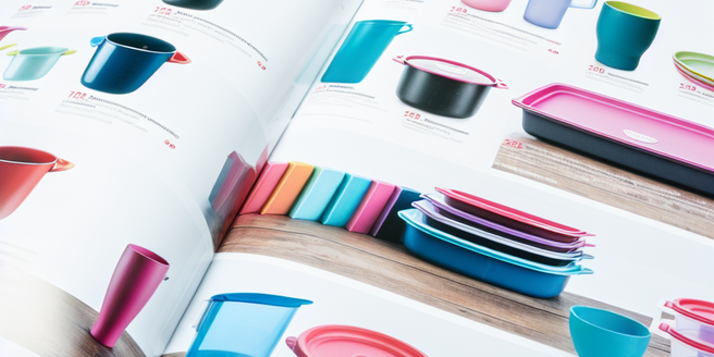 A shot of an open tupperware buying guide with various tupperware sets depicted