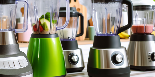 A variety of blenders displayed on a kitchen countertop