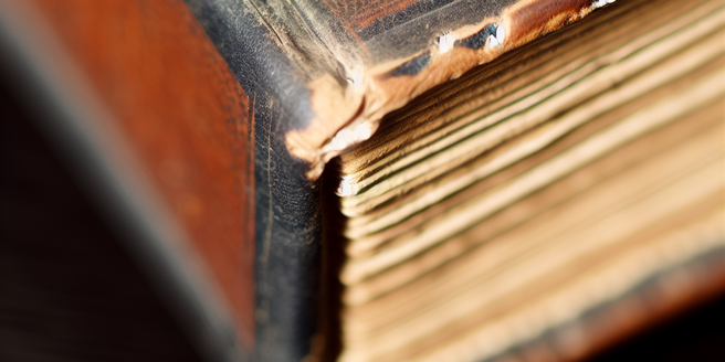 Close up of an old book with faded leather binding