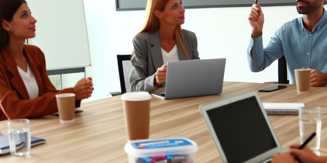 Marketing executives in a meeting room, brainstorming about their next online giveaway